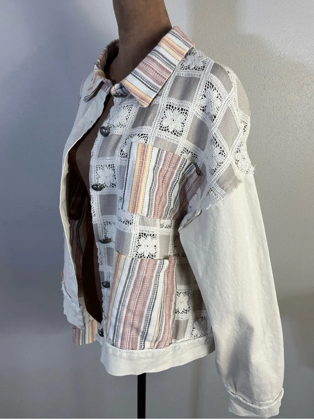 POL Patchwork Lace Trucker Jacket in Beige with Pastel Stripes